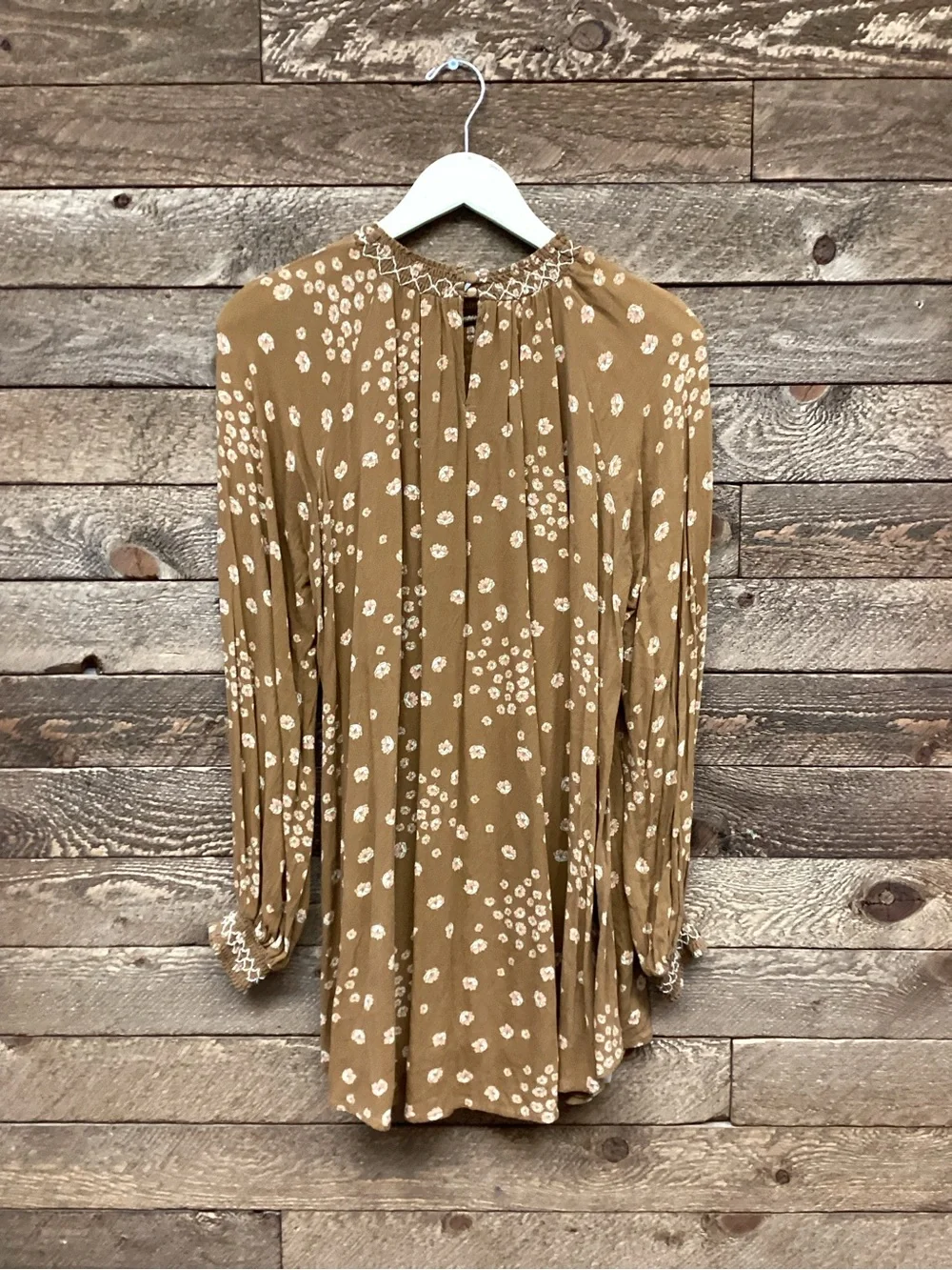 Free People Tan Floral Smocked Peasant Blouse